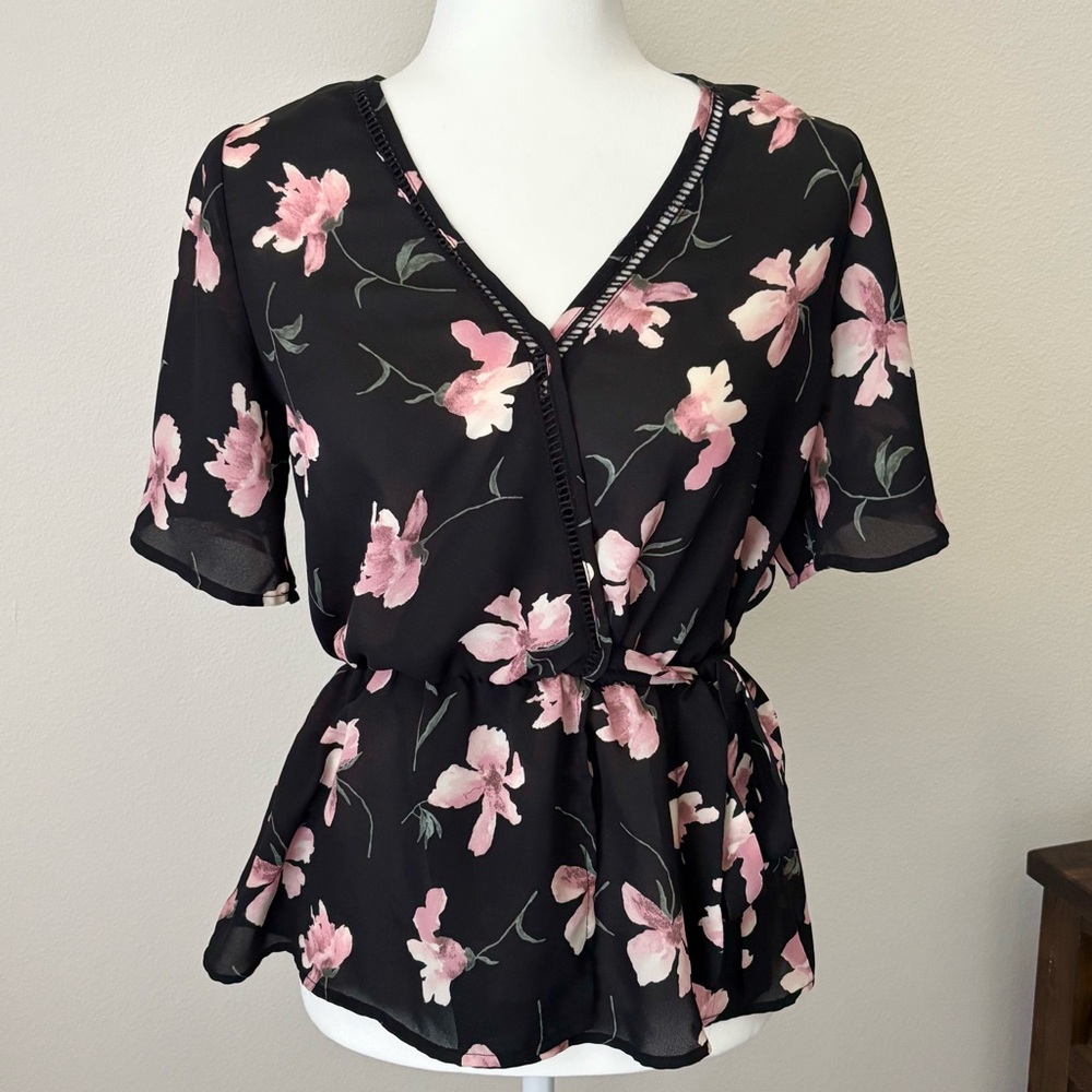 Sienna Sky Floral Faux Wrap Peplum Blouse Black Pink Size S